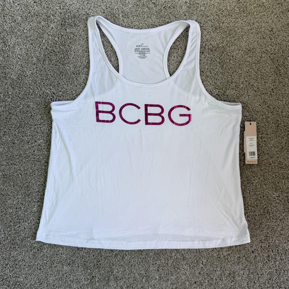BCBGeneration Tank Top Womens Large White BCBG Logo Scoop Neck Racerback